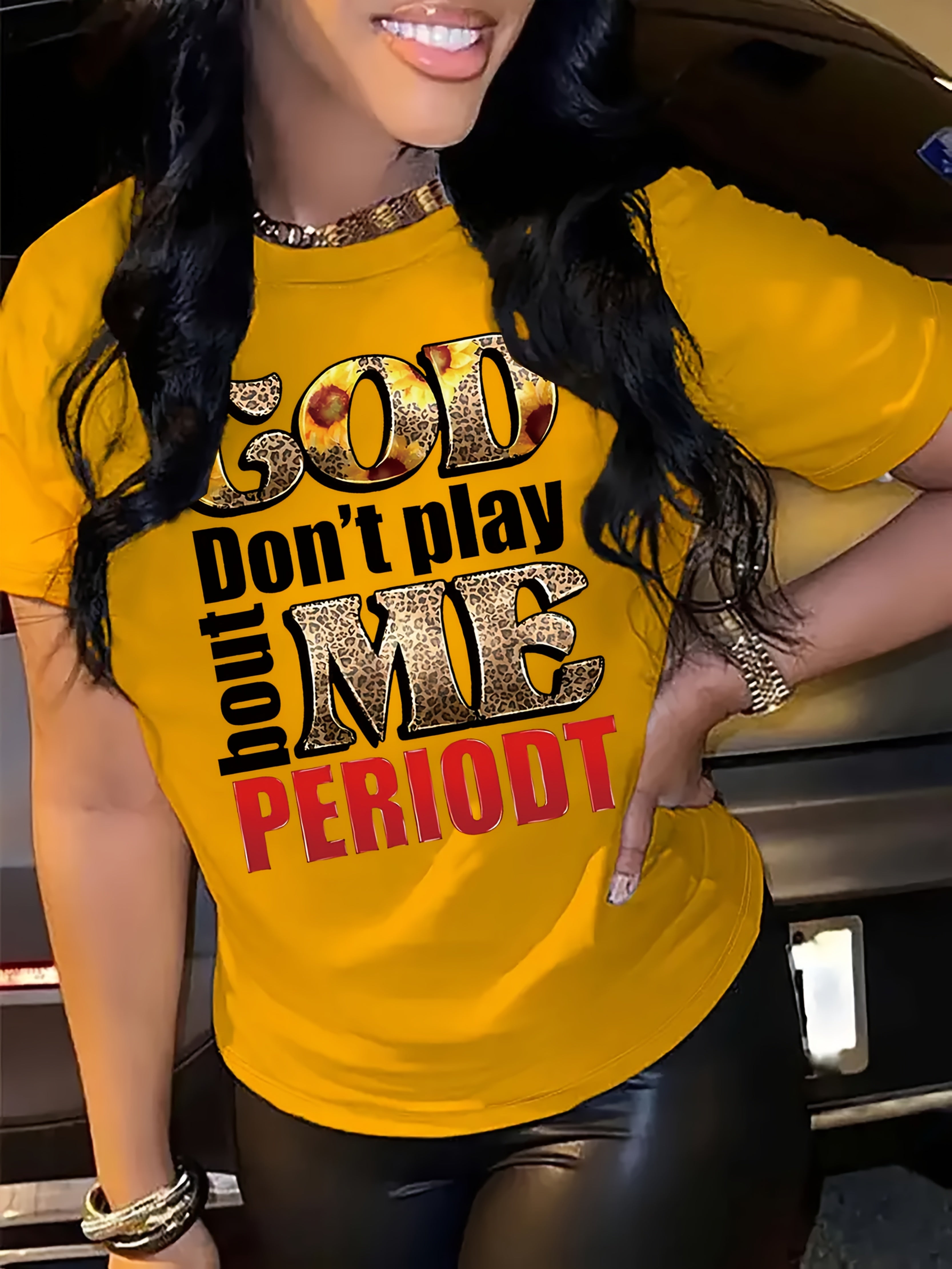 Women's "God Doesn't Play with Me" Graphic T-Shirt - Yellow Casual Round Neck Short Sleeve Polyester Top, All-Season Comfort Knit Fabric, Machine Washable